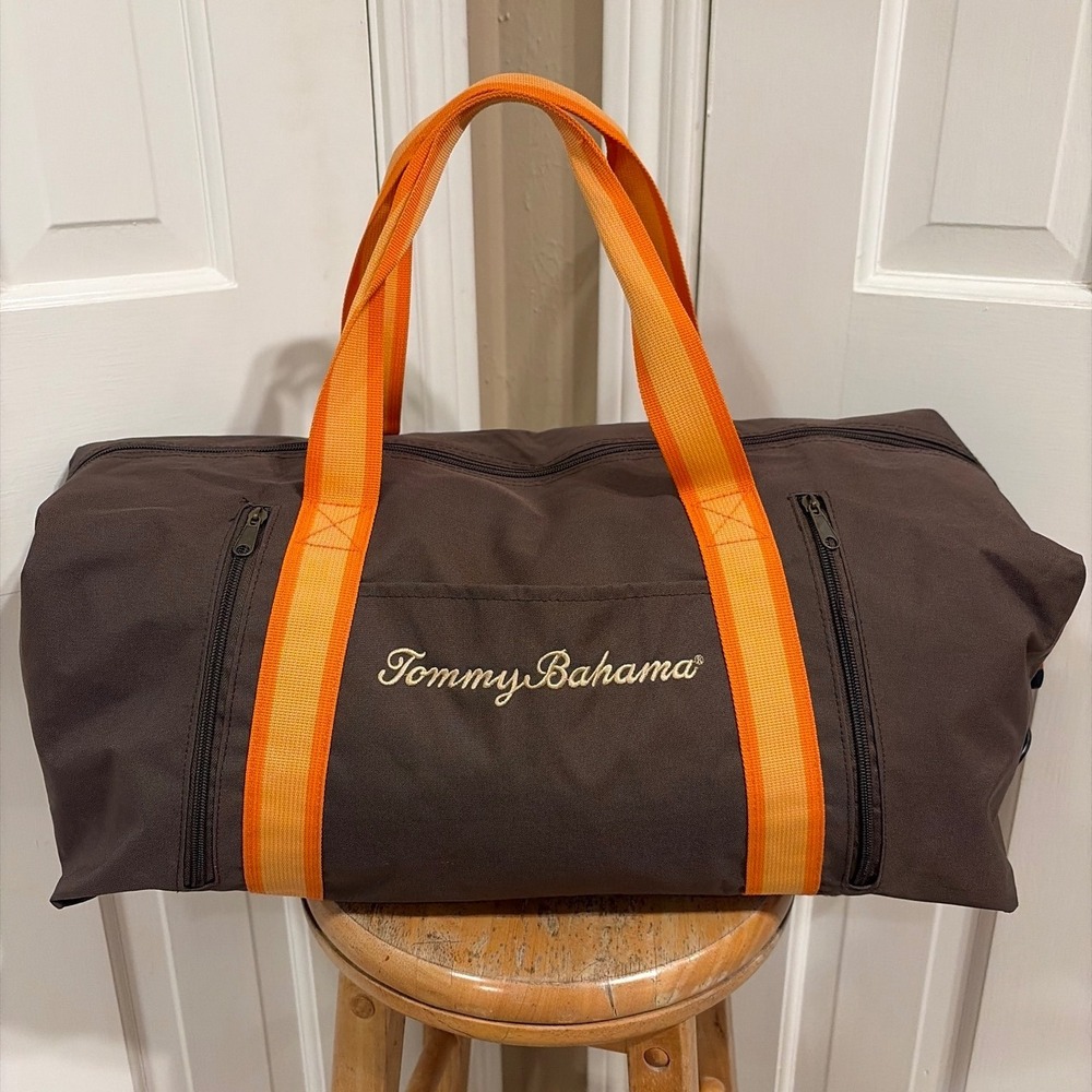 Tommy Bahama Duffel Bag Unisex Large Brown Orange Travel Weekender Good Canvas